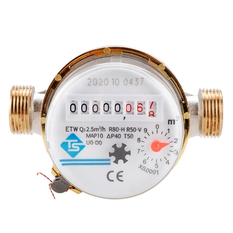 Medidor de agua mecánico de ala giratoria, 0-40 ℃, E-TYPE en frío de 1/2 "-3/4", 2,5 m, 3/h, PRECISIÓN DE 0.0001m3 con todo el conector de cobre