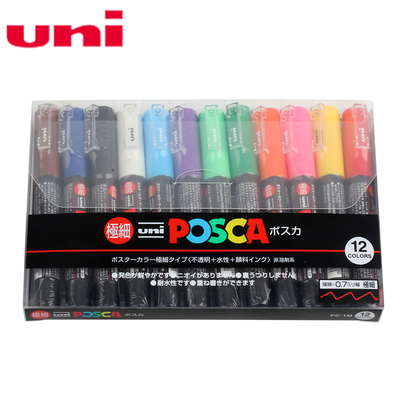 UNI POSCA – Rotulador artístico al óleo con cabeza redonda para publicidad, marcador pluma para pintura de grafitti, PC-1M PC-3M PC-5M PC-8K PC-17K, POP: PC-1M 12 colors