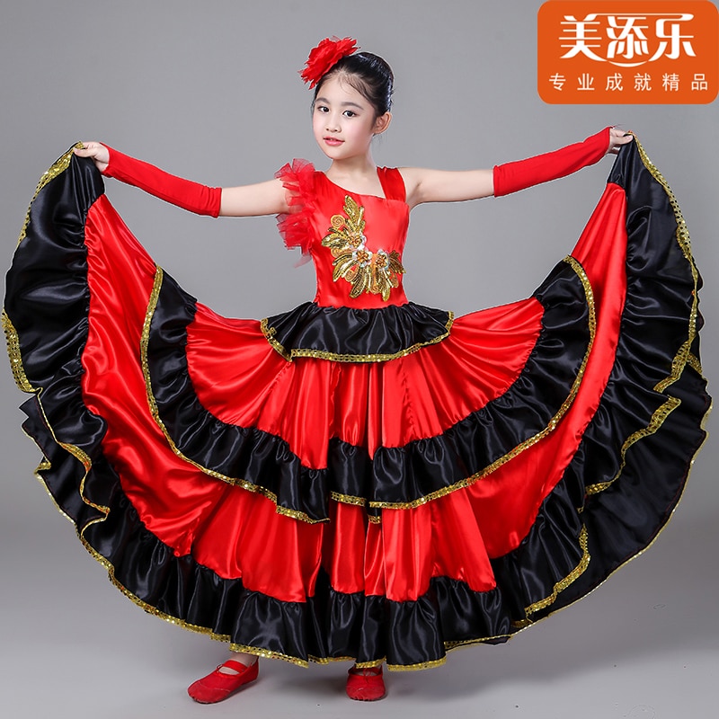 Vestido de corrida de toro española para niños, disfraz de Flamenco, Princesa, falda completa de baile de apertura, vestido de baile oscilante de talla grande H549: Red540 / L