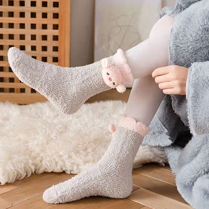 Coral Fleece Women Socks Bow rabbit Bear Candy Winter Thickening Cute Mid-tube Sock Ladies Home Bed Floor Slipper Sox