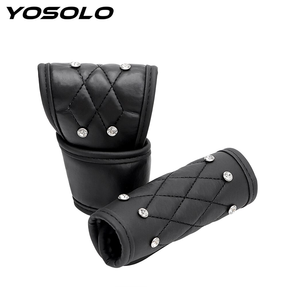 Yosolo 2 Stks/set Lederen Handrem Auto Auto Padding Pookknop Cover Crystal Universal Handrem Gear Cover Auto Accessoires