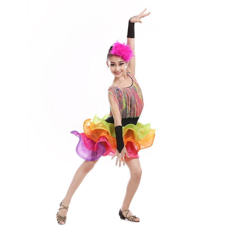 Vestido de baile latino con flecos para niñas, traje de baile latino con flecos de salsa, spandex, rumba, tango, salón de baile,