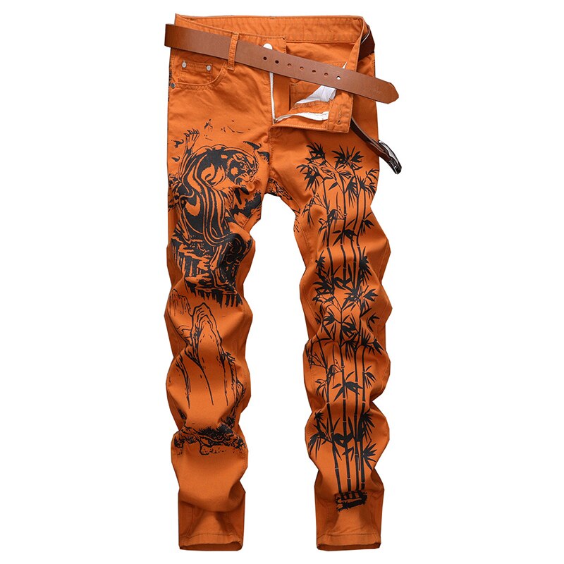 Pantalones vaqueros elásticos con estampado de tigre para hombre, vaqueros elásticos ajustados con pintura de tinta china a la