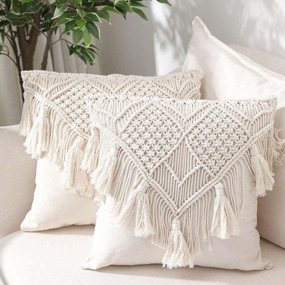 Housse de coussin décorative blanche pour canapé et banc, taie d&#39;oreiller carrée avec glands tissés, 45x45cm
