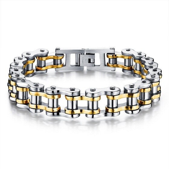 Punk Rock Male Biker Bicycle Cuff Bracelets For Men Motorcycle Link Chain Cool Bangles Stainless Steel Jewelry: Gold Silver Color