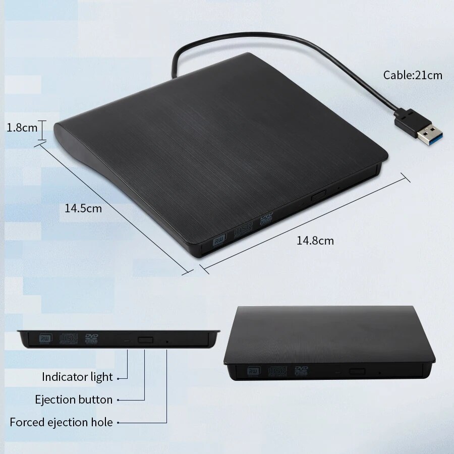 AMMTOO External CD DVD Drive USB 3.0 Portable Fits for DVD-R DVD-RW Player Burner for PC Laptop Computer Windows 10/8/7