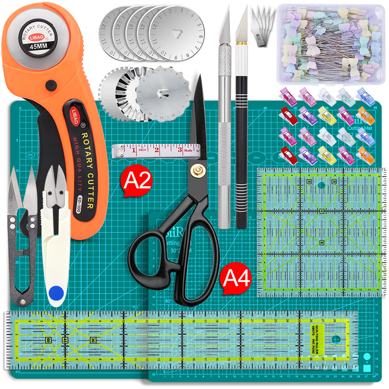 Rotary Cutters Set with Cutting Mat Patchwork Ruler Carving Knife Kit for Fabric Paper Leather Crop Sewing Scissors and Quilting