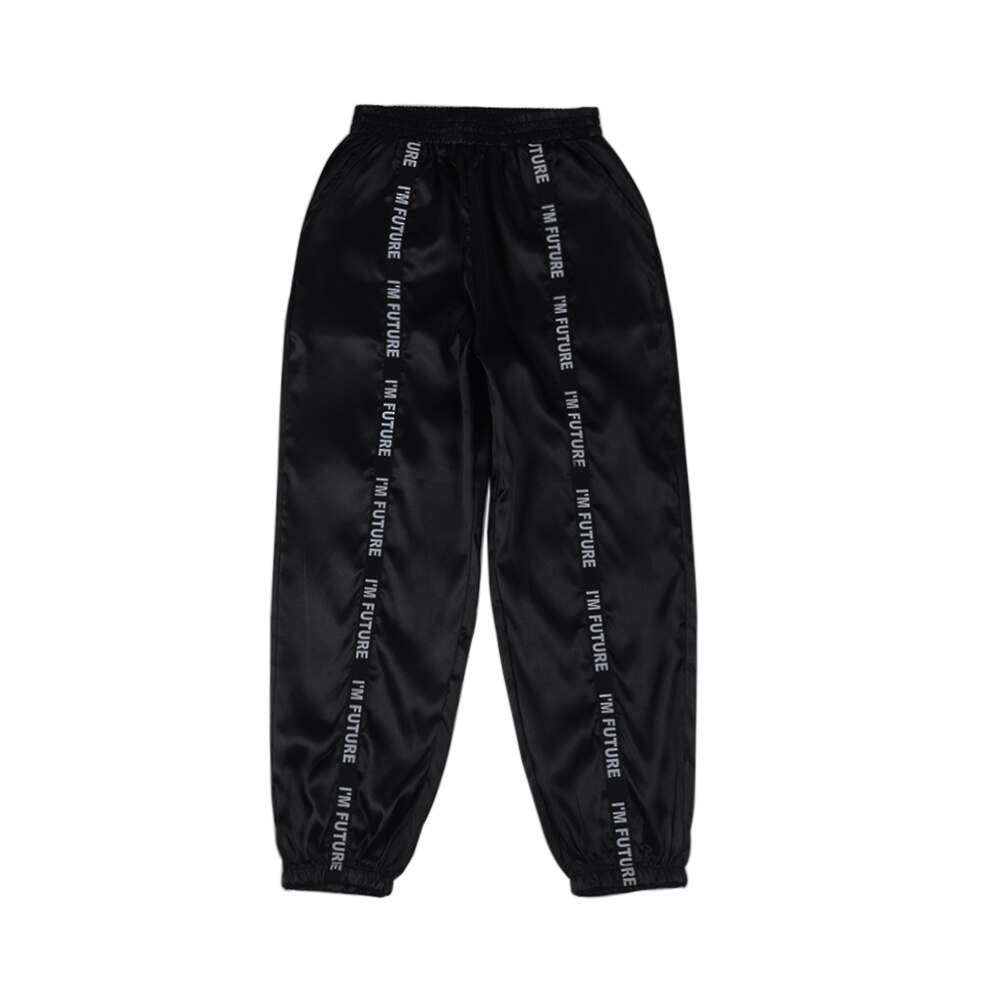 Sfit été grande poche Satin surligner sarouel femme brillant Sport ruban pantalon BF Harajuku Joggers pantalon de Sport femme: Black / Asian Size S