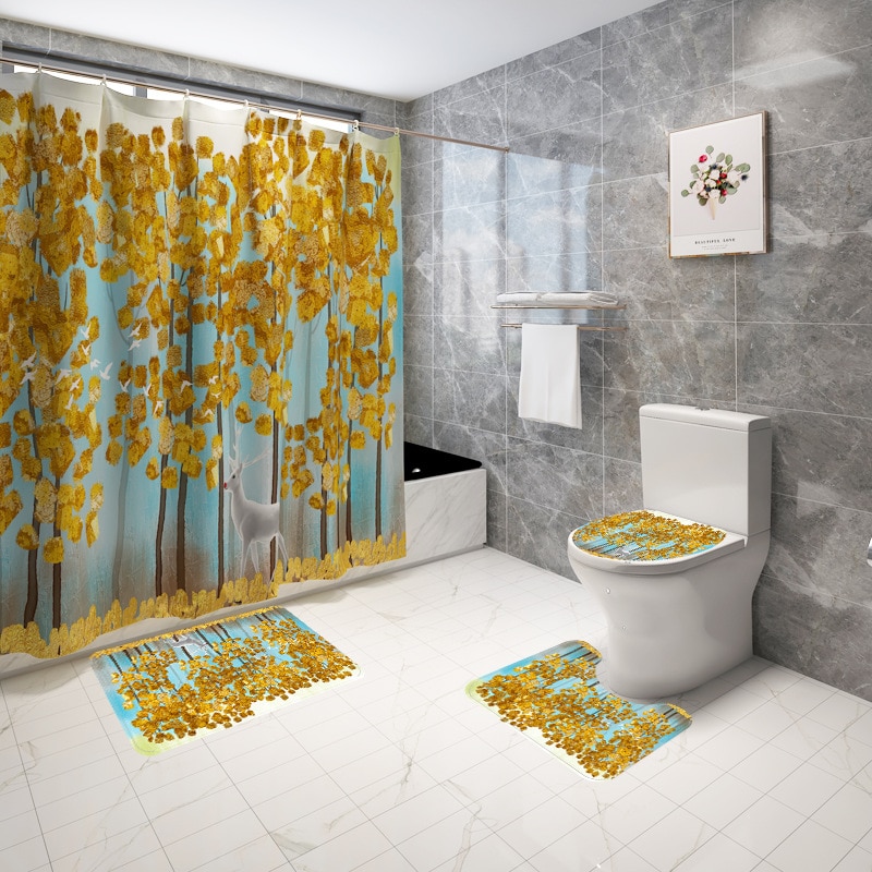 Cartoon Dier Gedrukt Tapijt Mat Voor Badkamer Badmat En Douchegordijn Set Toilet Seat Cover Mat Badmat Met gordijn Set: 4pcs-690