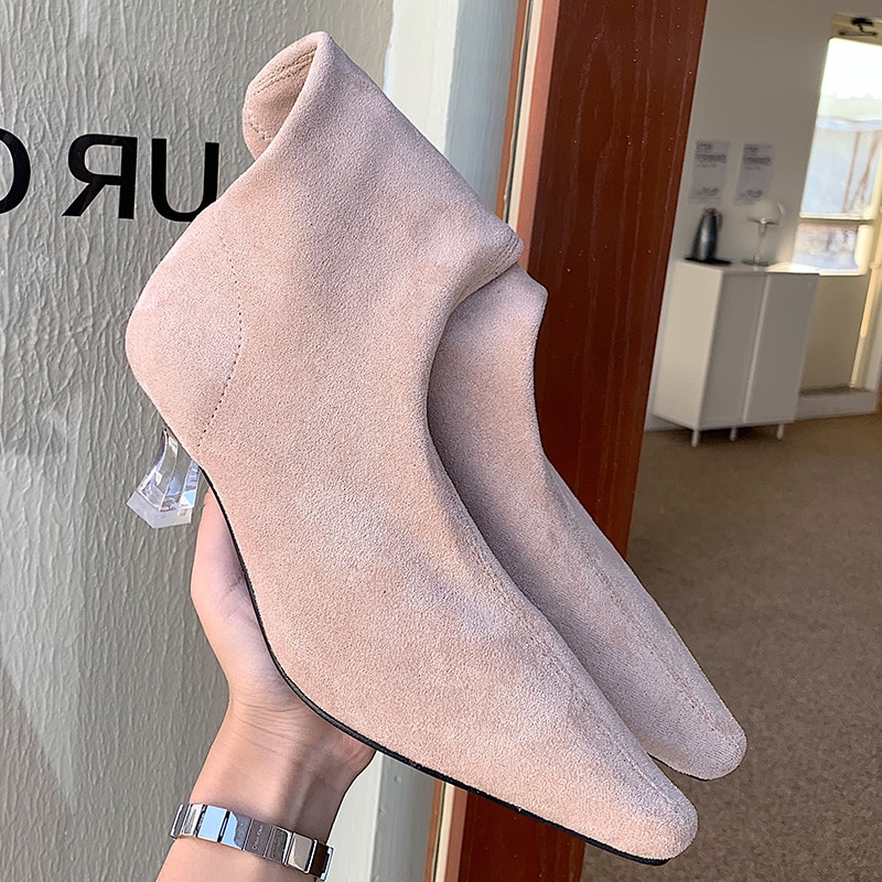 Vintertrending kvinnor plexiglas klackar mocka stövlar spetsiga tå lila sock boots aprikos mid-calf boots dam valentine skor