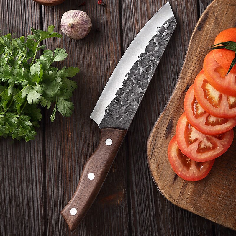 Couteau De Chef Japonais Forgé Main, Manche Bois, Ultra Tranchant