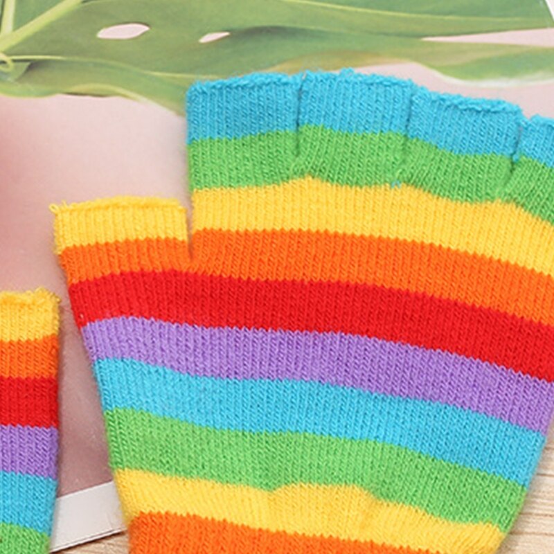 Unisex Half Finger Gloves Rainbow Colored Winter Stretchy Knit Fingerless Typing Gloves for Office School Students