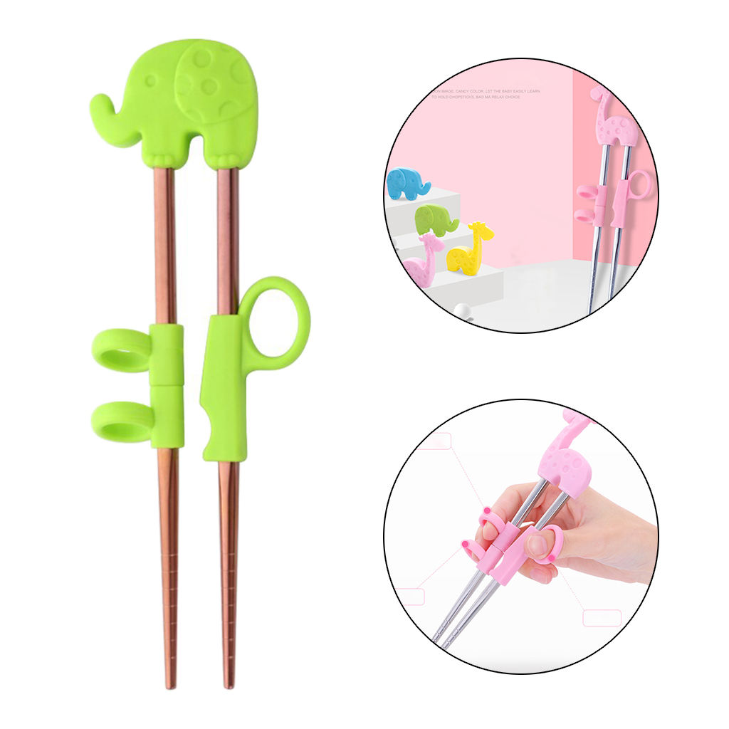1Pair Stainless Steel Chopsticks For Kids Cartoon Learning Chop Sticks Reusable Training Chopsticks Cute Children Tableware Set: B Green Elephant