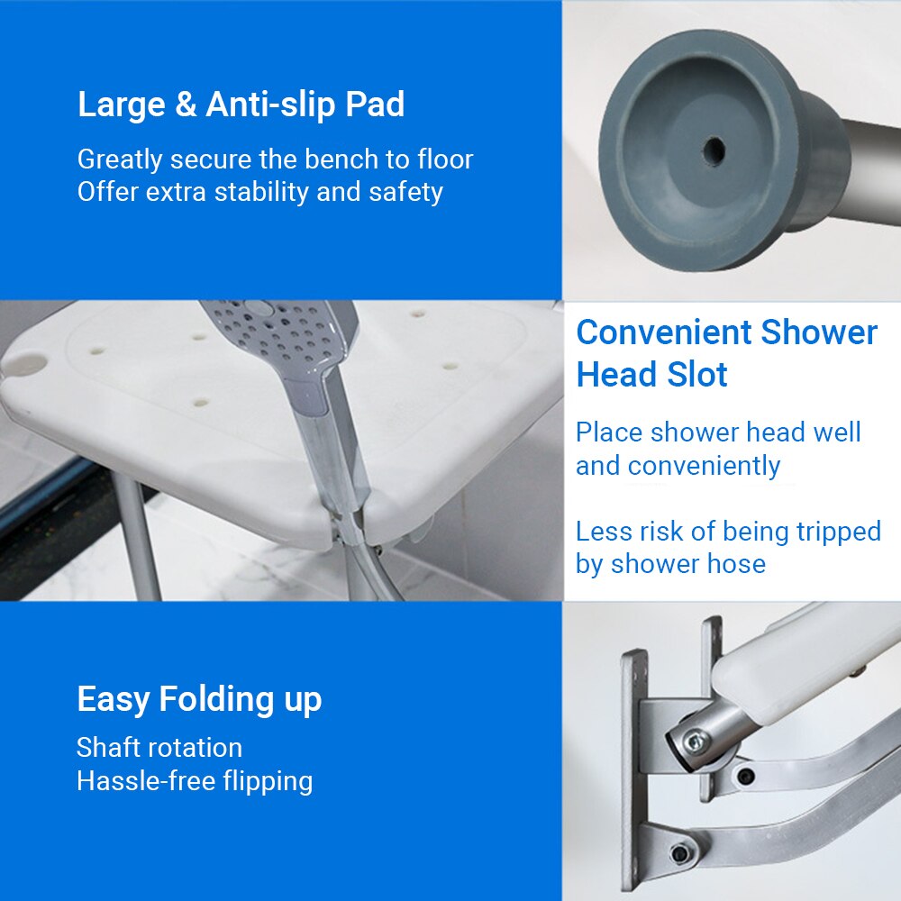 Folding Shower Bench Flip-up Screw-in Bath Seat Wall Mounted Bathroom Chair Stool with Non-Slip Feet Drainage Holes Head Slot