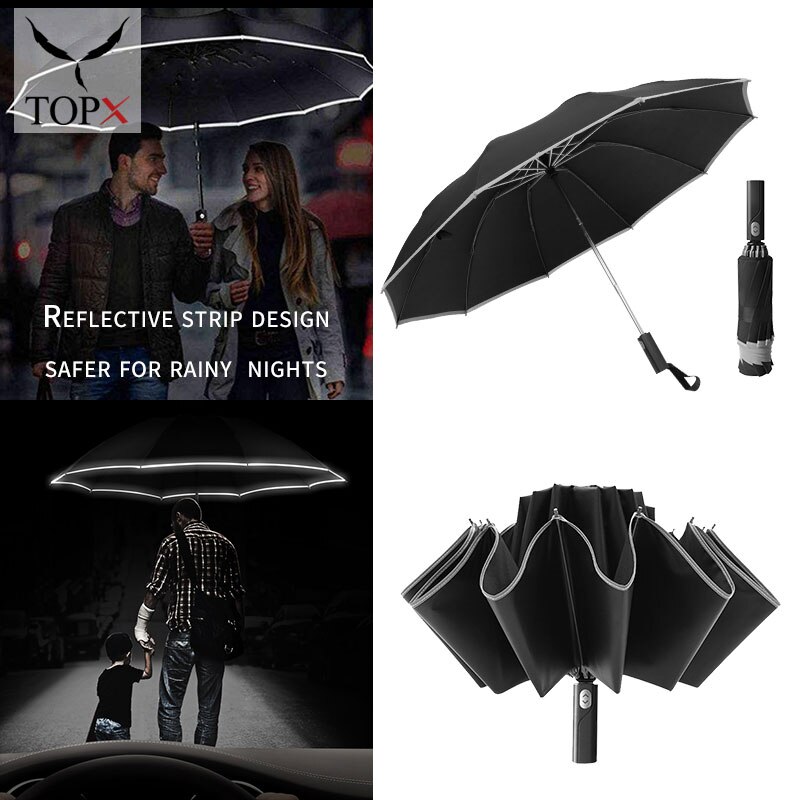 Windproof Reverse Folding Automatic Rain Umbrella Men Women 3Folding Rain Umbrella 10 Ribs Reflective Stripe Portable Parasol