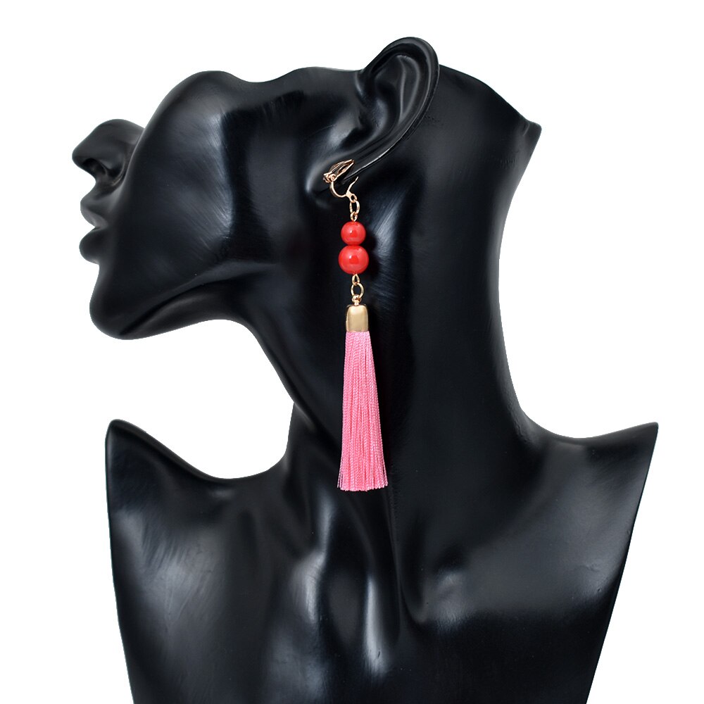 Non Pierced Cotton Silk Tassel Earrings Ear Cuff Earring Bohemia Long Ear Clip Earing Indian Ethnic Jewelry joyas: pink earing
