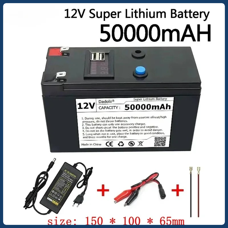 12 V Akku 50 Ah 18650 Lithium-Akku Wiederaufladbarer Akku für Solarenergie-Elektrofahrzeugbatterie + 12,6 V 3 A Ladegerät