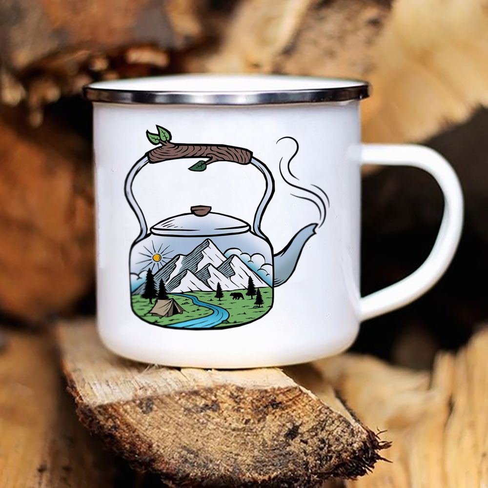 Tazas de Camper con estampado de caravana, taza esmaltada para acampar, aventura, fogata, , cerveza, jugo, tazas con mango de montaña, para Camper: Castaño