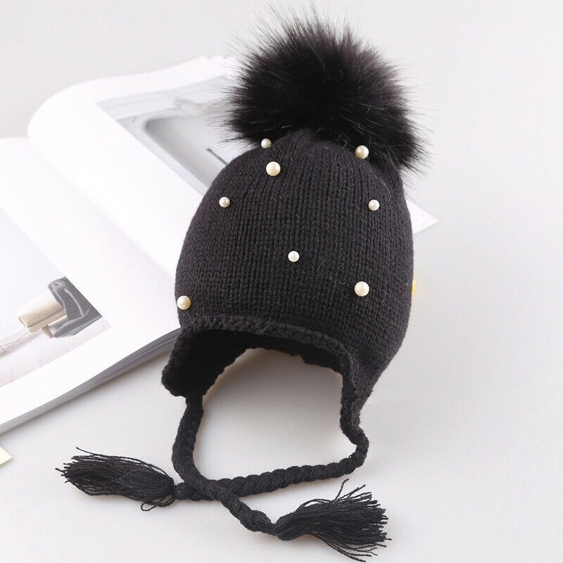 Bonnets pour bébés filles | Bonnet avec perles, bonnet en tricot, pour enfants de 1-3ans: Black