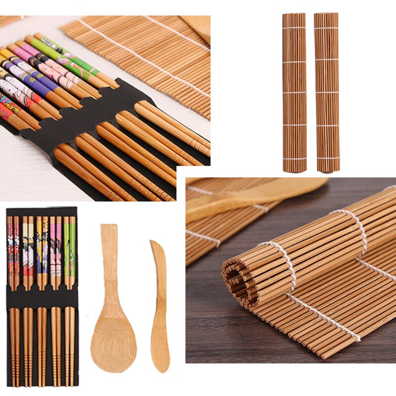 DIY Sushi Maker Set Bamboo Sushi Kit Included 2 Rolling Mats 5 Pairs Chopsticks Paddle Spreader 1Set
