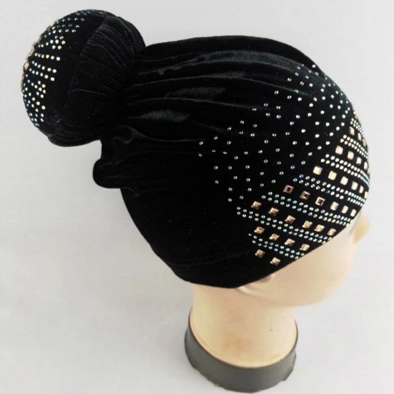 Gorro con diamantes de imitación a la para mujer, tocados de africanos, gorro de terciopelo para el cuidado del cabello, turbante, pañuelo para la cabeza, accesorios para sombrero: Negro