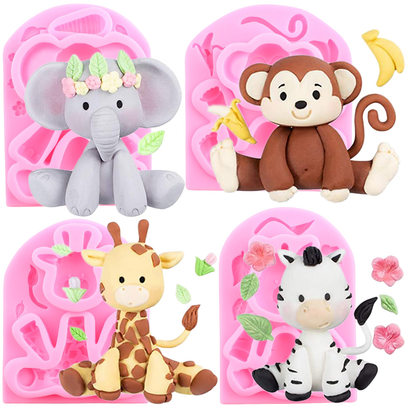 Animali della giungla stampo in silicone elefante scimmia giraffa mucca leone caramelle stampi per fondente al cioccolato strumenti per decorare la torta di compleanno del bambino