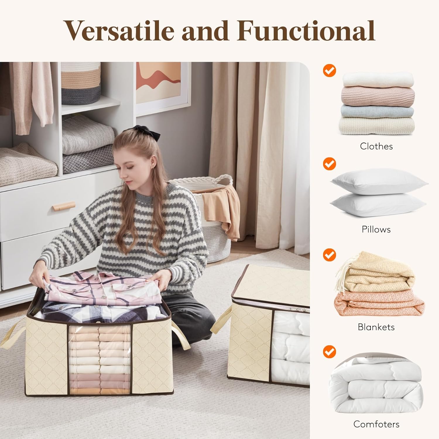 Clothes Storage, Foldable Thick Fabric Blanket Storage Bags, Storage Containers for Organizing Bedroom, Closet, Comforter