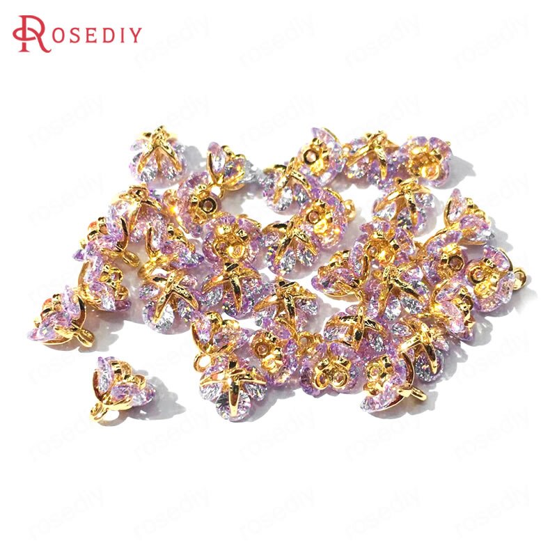 (37101)6PCS 7x7MM 24K Champagne Gold Color Brass and Zircon 3D Flower Charms Pendants Jewelry Making Supplies Diy Accessories: Light Purple