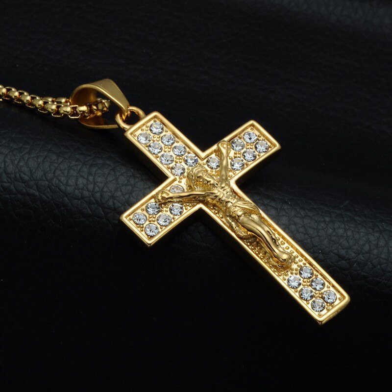 Guldfarve cross christ jesus vedhæng halskæde rustfrit stål link kæde indlæg cross halskæde hip hop smykker