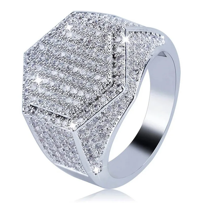 BAOSHINA męski pierścionek Hip Hop Iced Out wysokiej jakości Micro Pave CZ palec serdeczny kwadratowe pierścionki dla mężczyzn biżuteria: 10 / WHITE
