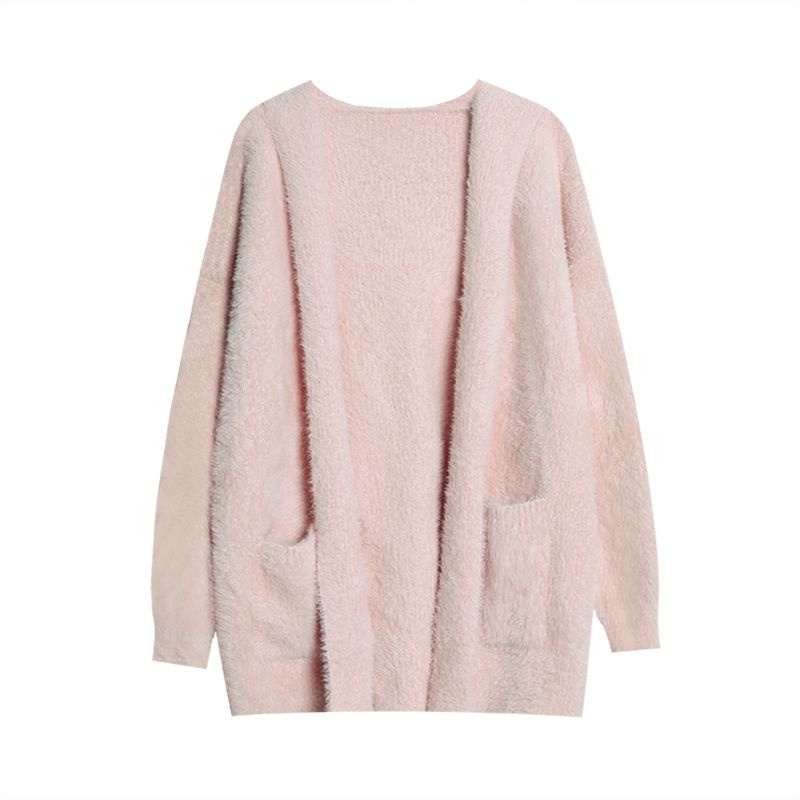 Hvid minkpels hættetrøje strikket cardigan kvinder efterår og vinter løs doven stil tyk mælk fufu sweaterjakke: L / Beige