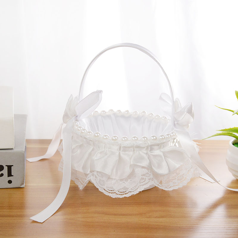 1pc White Wedding Flower Basket Lace Pearl Rhinestone Flower Petal Confetti Girls Basket For Wedding Engagement Party Decoration: Light Grey
