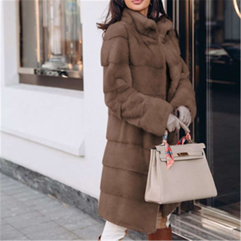 Umeko Elegante Effen Faux Vos Bontjas Vrouwen Winter Mode Medium Kunstmatige Vos Bontjas Vrouw Warm Nep Vos Bont jassen Vrouwelijke: Khaki / 0L