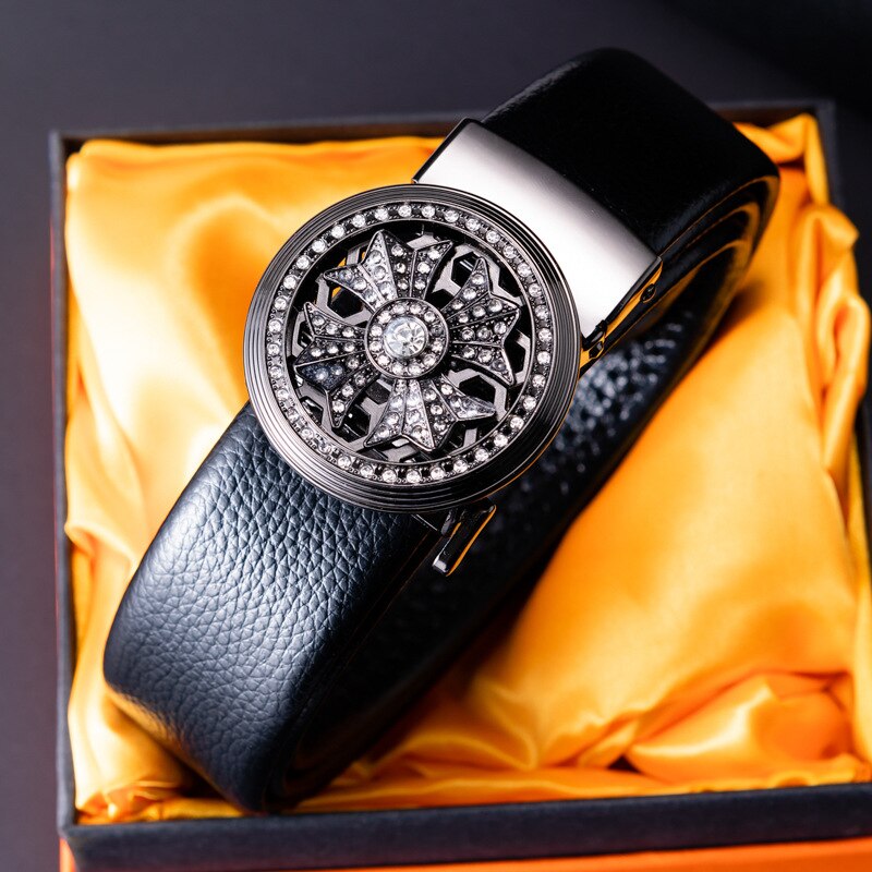 Cinturón de cuero con hebilla redonda automática para hombre, hebilla de con patrón de lichi, ideal para decorativos