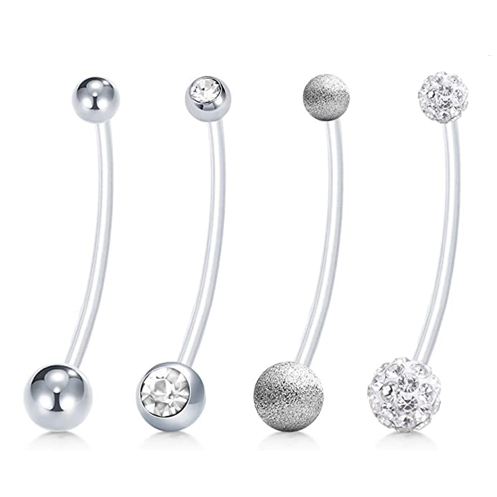 Anillos para el ombligo del embarazo, barra larga de 38mm, Sport Maternity, Bioplast Flexible, transparente, Piercing, retenedor: Bañado en rodio de imitación