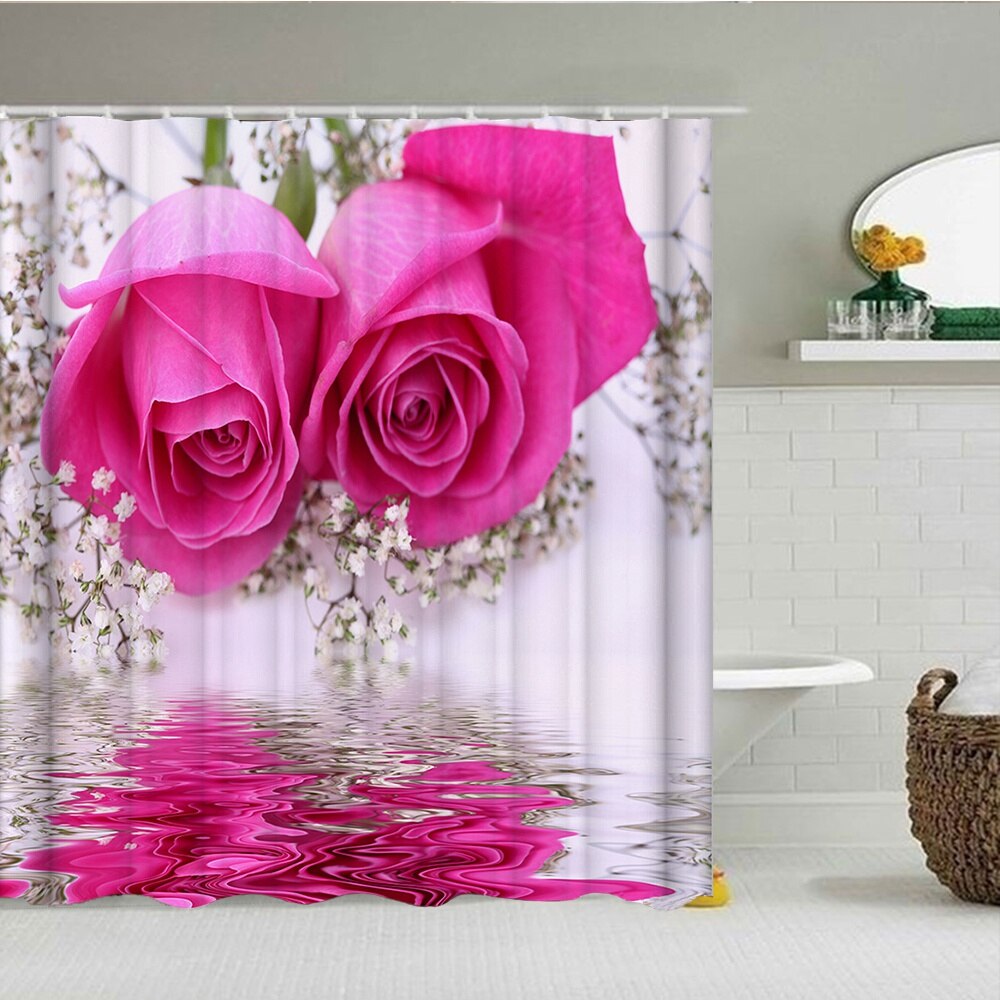 Pink rose trykt vandtæt bruseforhæng badeværelse skridsikkert tæppet sæt bad tæpper toilet sædebetræk gulvmåtte badeværelsesindretning: 180 x 180cm