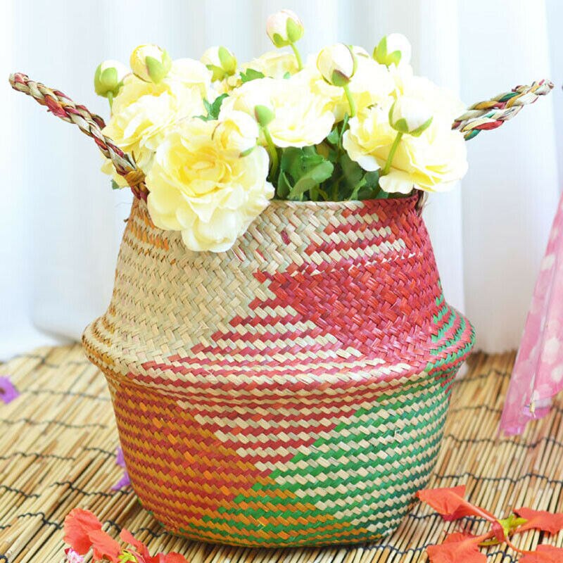 Cesta de paja para plantas de almacenamiento, cesta decorativa multicolor para flores de jardín