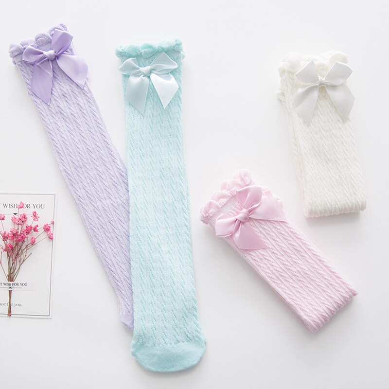 Chaussettes hautes pour -né, chaussettes d'été en maille fine, en coton doux, avec nœud papillon, pour bébé fille