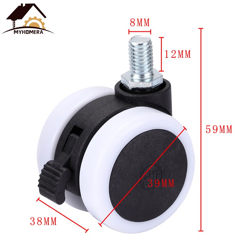 Myhomera 4x 1.5 tums universal mute möbelhjul hjul 8mm skruv/plåt kraftiga svängbara länkhjul rullar gummibroms