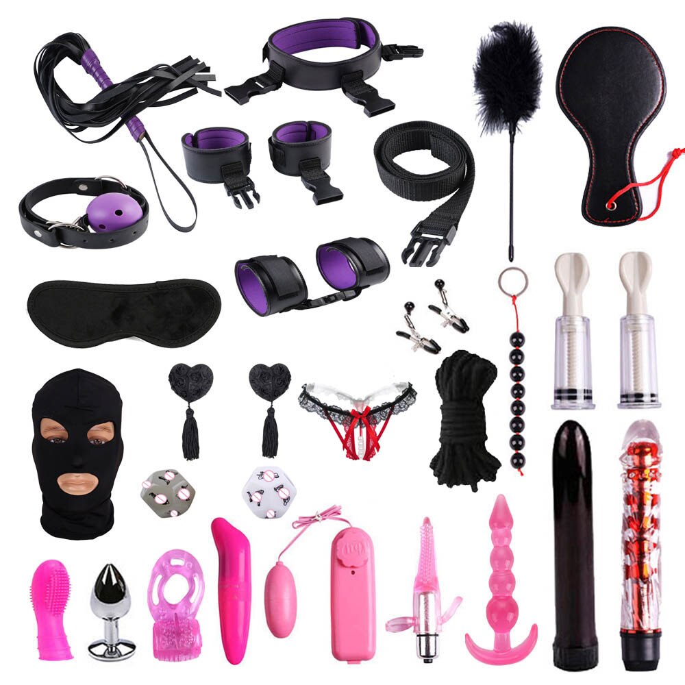 28 stks/set Vrouwen Mannen Speeltjes voor BDSM Spel Handboeien zweep touw Anale plug Mond plug Vibrator Erotische Accessoires Bondage set: purple 28pcs
