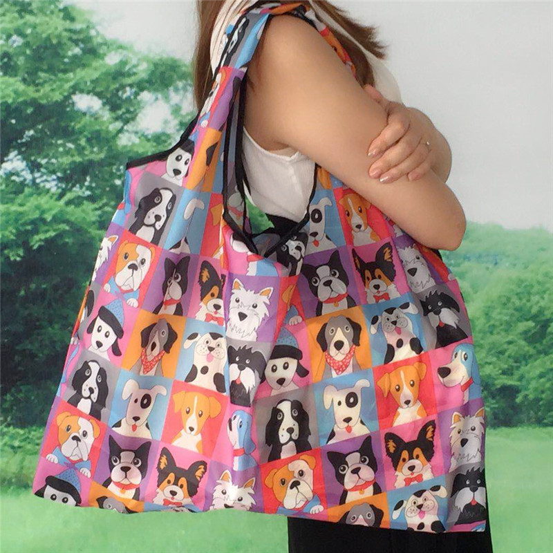 Magic style Nylon Large Tote ECO Reusable Polyester Portable Shoulder Handbag Cartoon Green Folding Pouch Shopping Bag Foldable