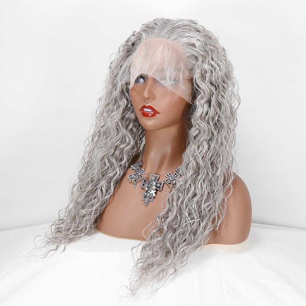 Loose Curly Gray Heat Resistant Fiber Silver Grey Synthetic Lace Front Wig For Women Replacement Wig With Baby Hair
