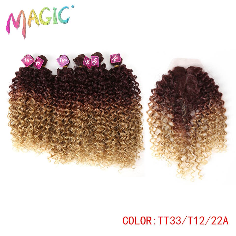 Magic Synthetic Afro Kinky Curly Hair Weave Hair 16-20 inch 7Pieces/lot Bundles With Closure African lace For Women hair Extens