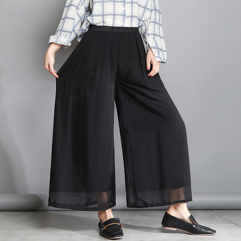 Plus Size Chiffon Wide-leg Pants Solid Black Blue Loose Pants Oversized Women Clothing Summer Autumn Spring Casual