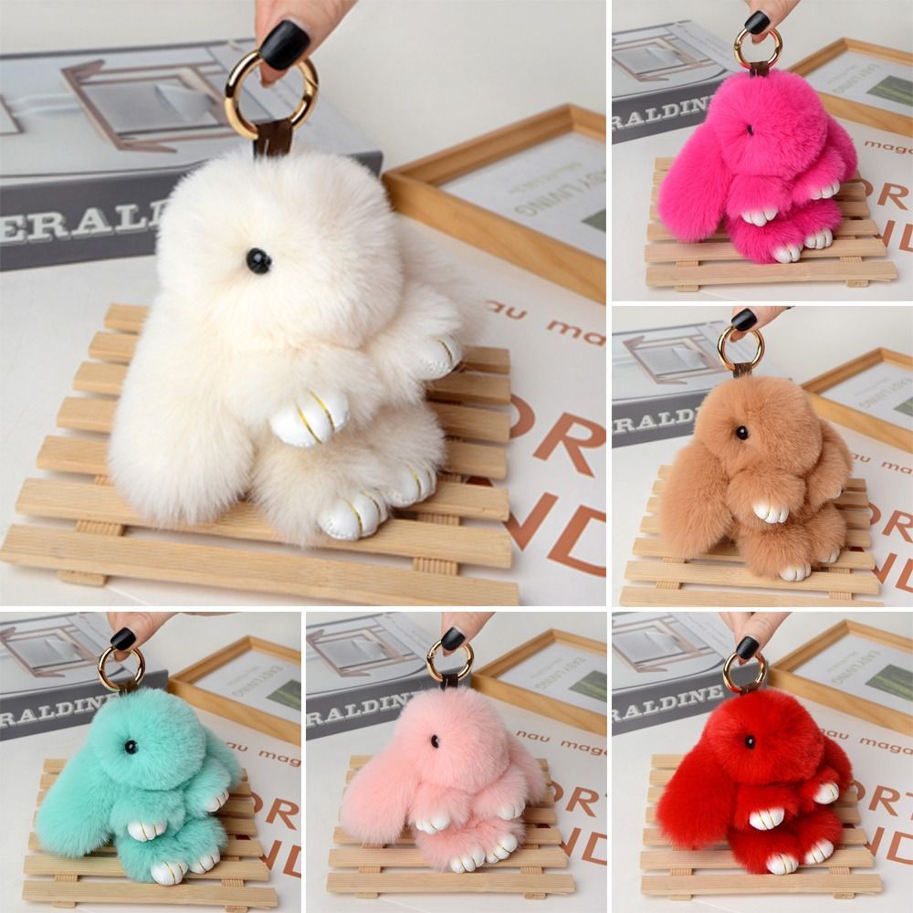 Ryggsekk anheng fluffy kaninpels pompong kanin nøkkelring myk søt kanin nøkkelring kunstig kanin jenteveske nøkkelring