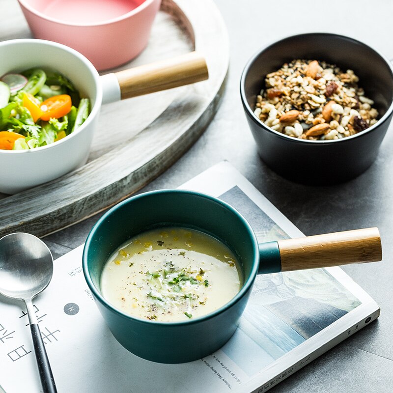 Nordic Salad Bowl Dessert Cup Soup Bowl Wooden Handle 450ml Oat Meal Breakfast Yogurt Bowl Ins