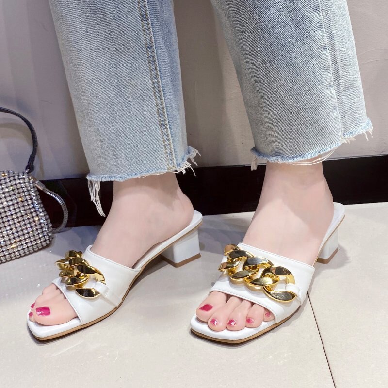 Summer Female PU Women's Slippers Metal Chain Decoration Square Heel Mules Slides Peep Toe Ladies Shoes