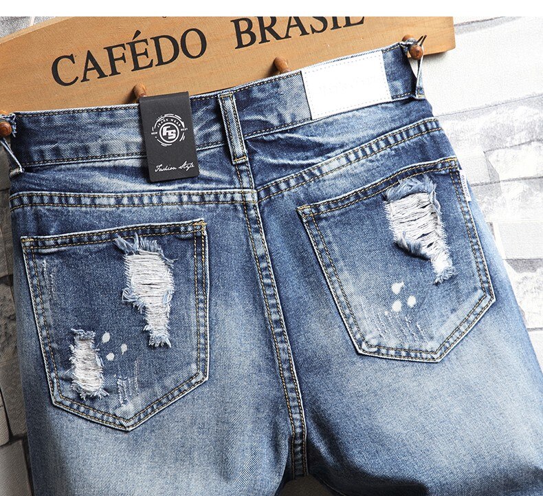 Men Big Holes Denim Shorts Summer Blue Short Jeans Men Cotton Casual Jean Shorts Knee Length Straight Jeans Size 36
