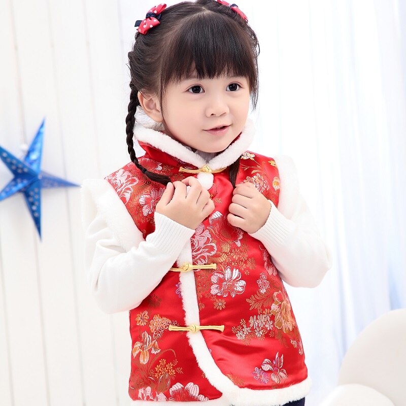 Roze Bloem Kinderen Vest Fleece Baby Meisje Vest Qipao Kleding Lente Festival Kid Jas Cheongsam Outfits Bovenkleding Tank Top: 2 / 8