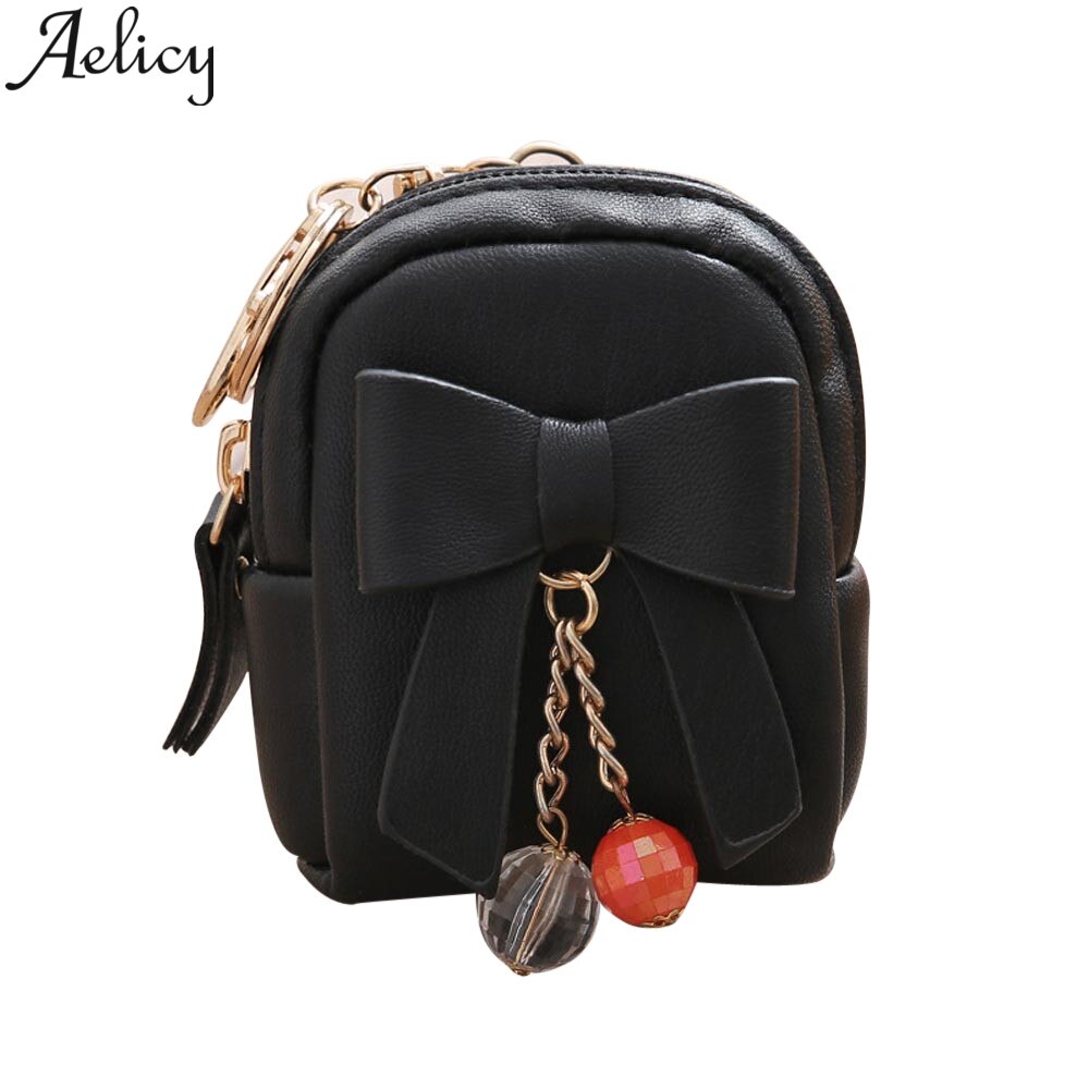 Aelicy Arco Mulheres de Couro Curto Carteira Bolsa Da Moeda Da Carteira Bolsa Saco Titular do Cartão de Crédito Titulares Mini Chaveiro Porta Moedas Com Zíper: BK